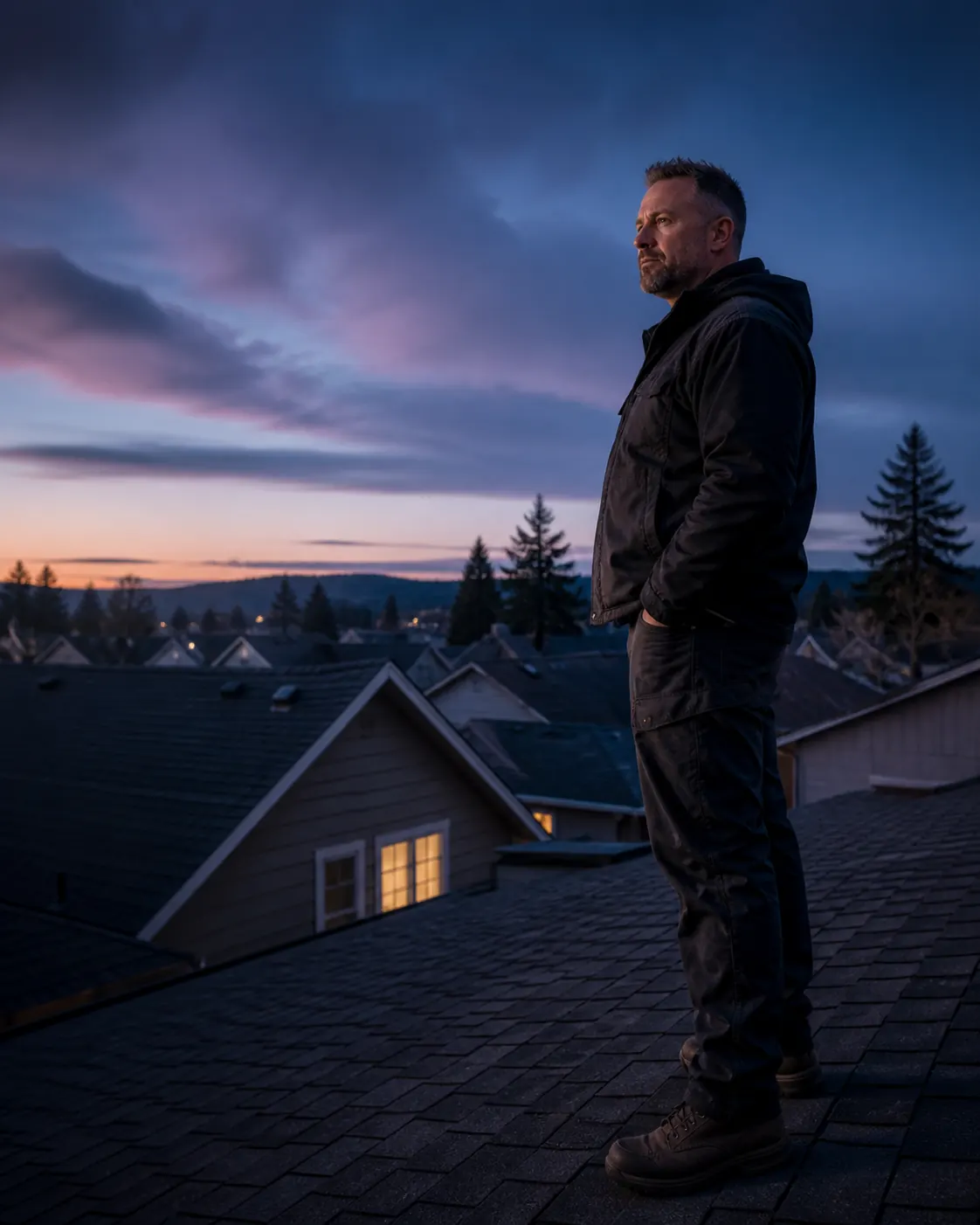 Roofing contractor surveying a residential neighborhood from a rooftop at blue hour
